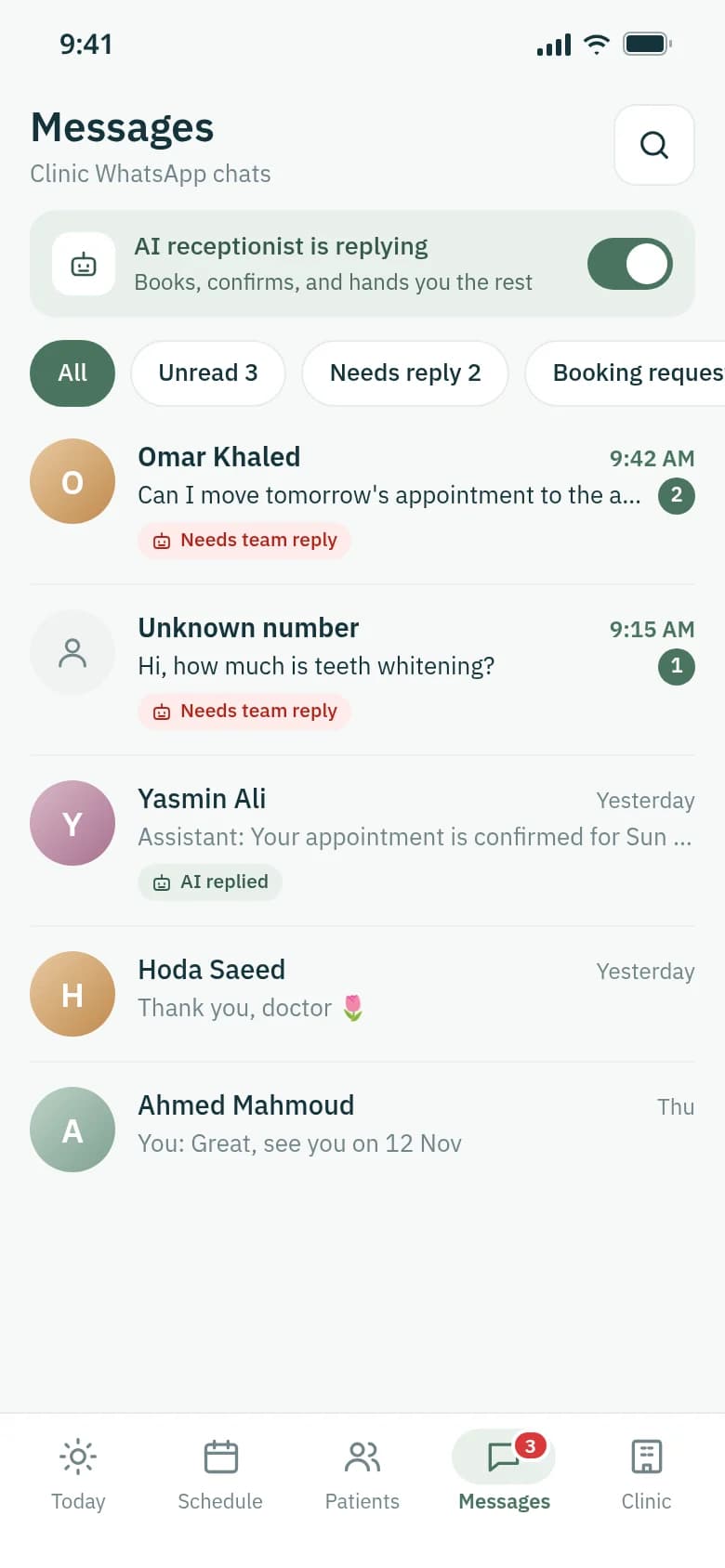 Clinic WhatsApp inbox on mobile